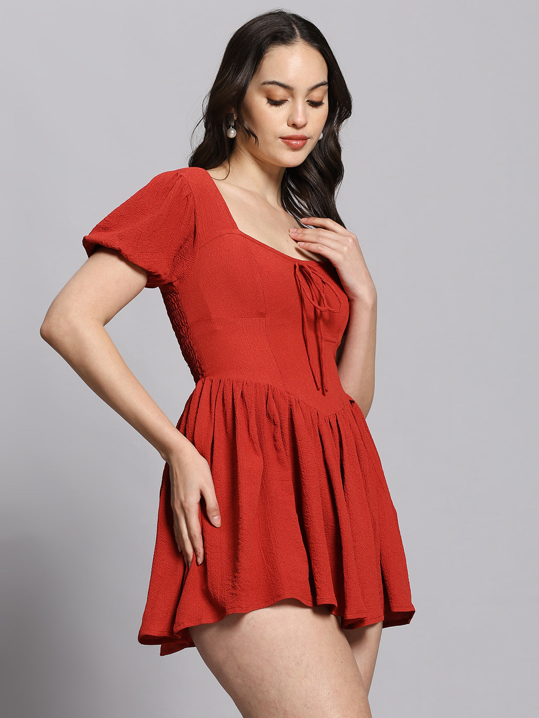 Sweetheart Neck Short Puff Sleeve Dress With Bow Tie
