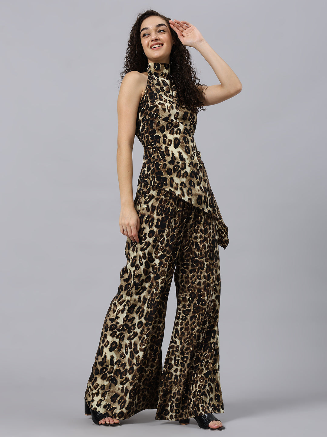 2pcs Elegant Animal print Asymmetric Hem Backless Halter Top & Wide Leg Pants Co-ord set