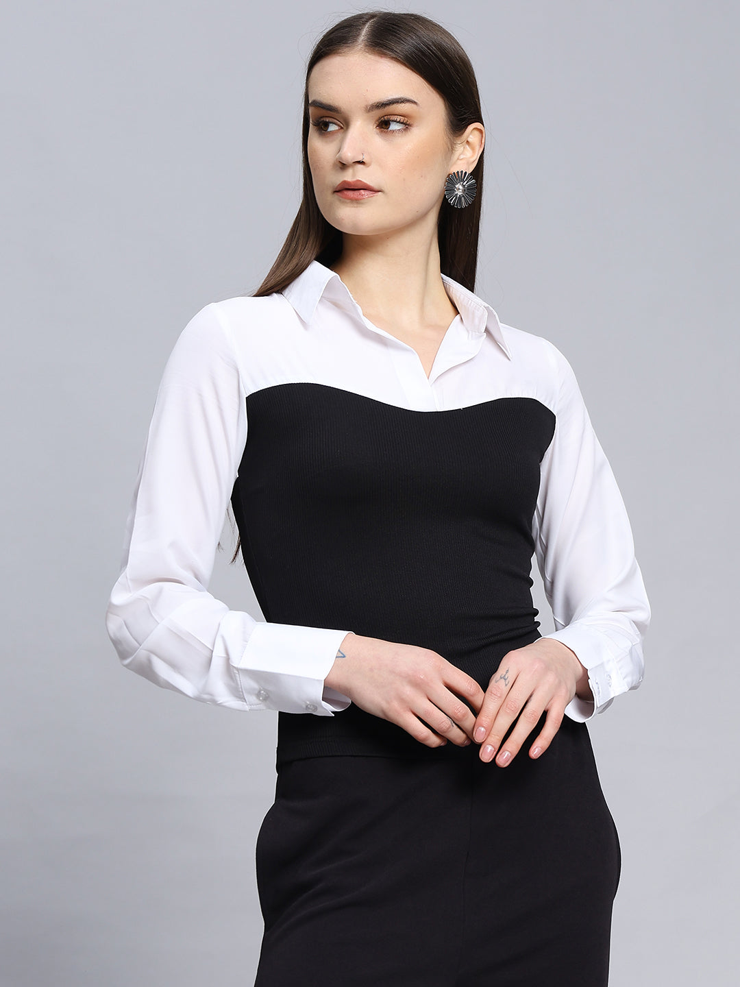 Black & White Long Sleeve Button-Up Casual Formal Sexy Blouse