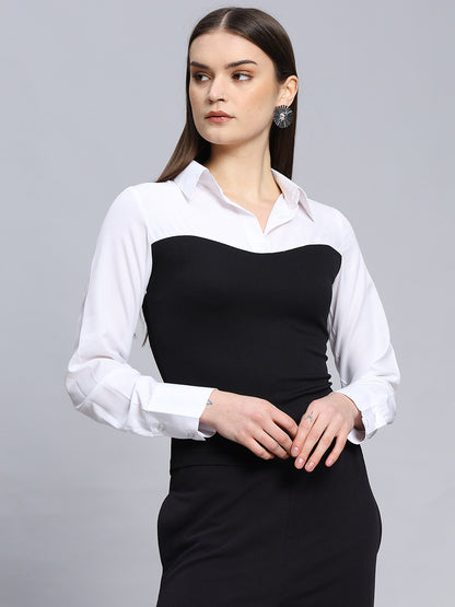 Black & White Long Sleeve Button-Up Casual Formal Sexy Blouse