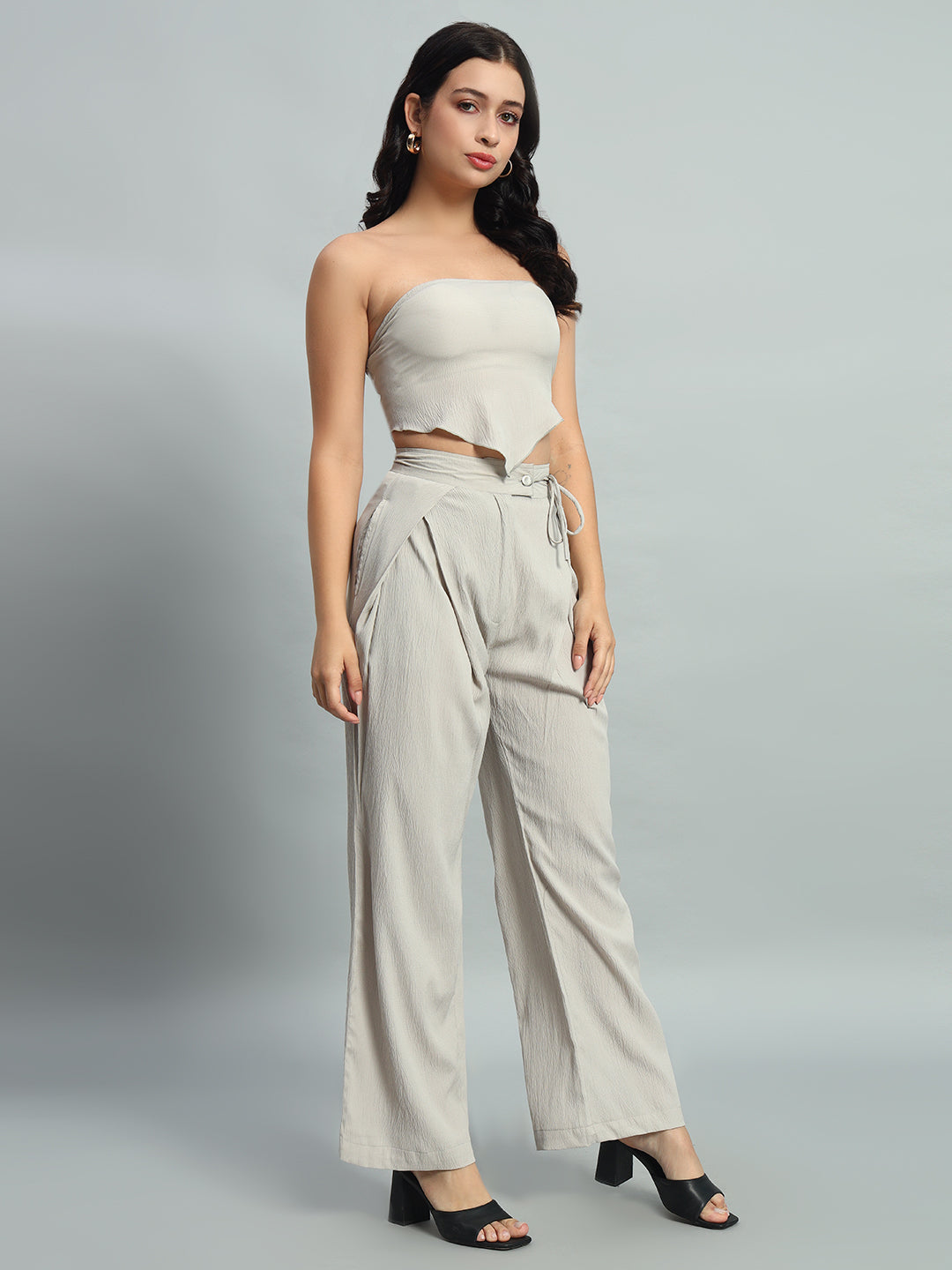 Solid Bandana Hem Elasticated Backless Tube Top & Wide Leg Trousers Co-ord set