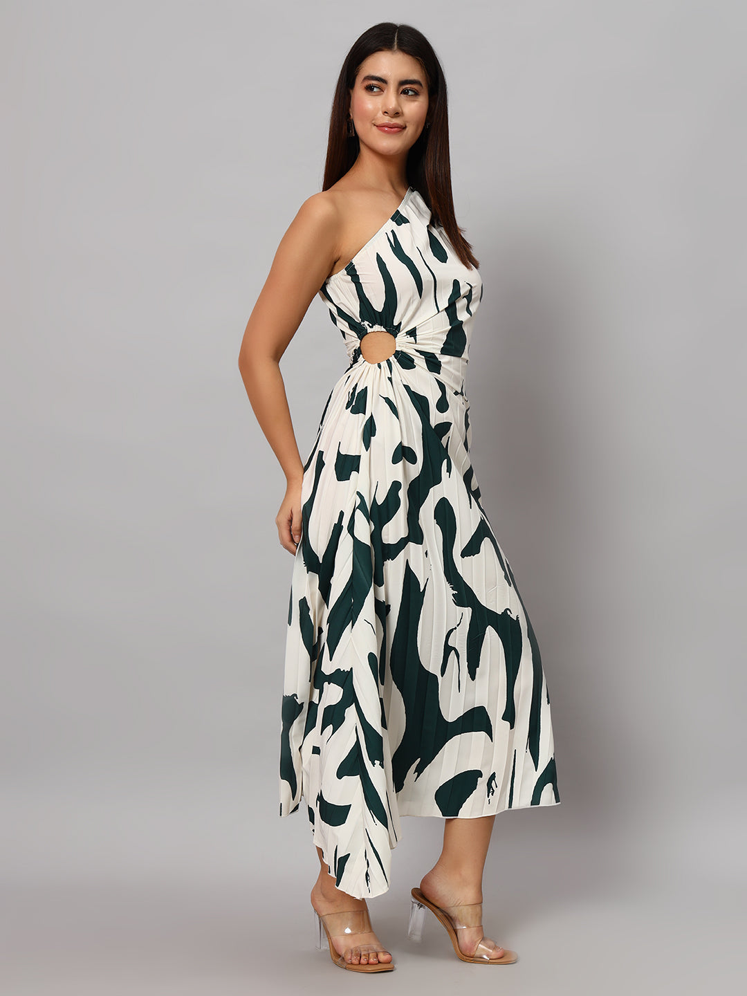 Asymmetric Neckline Pleated Hollow Out Printed Long Dress Maxi