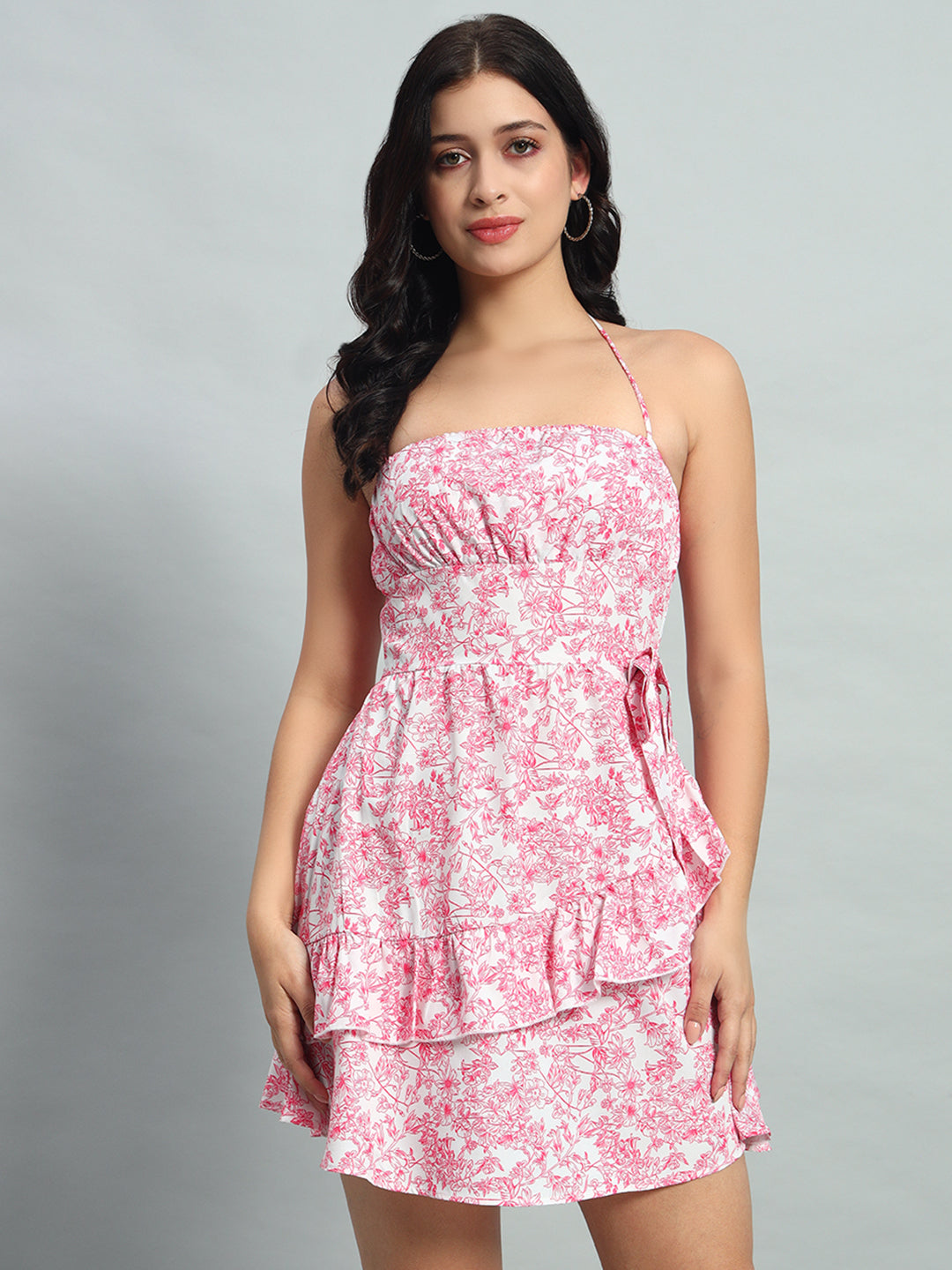 Allover Floral Print Ruffle Halter Short Dress