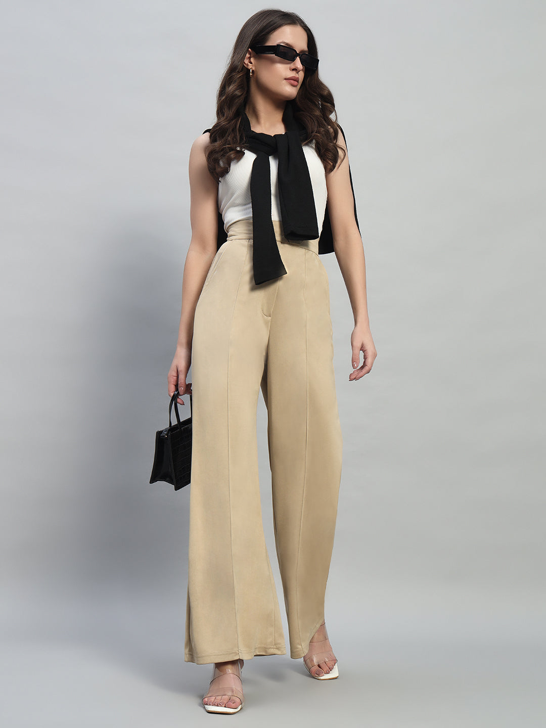 High Waist Wide Leg Beige Pants