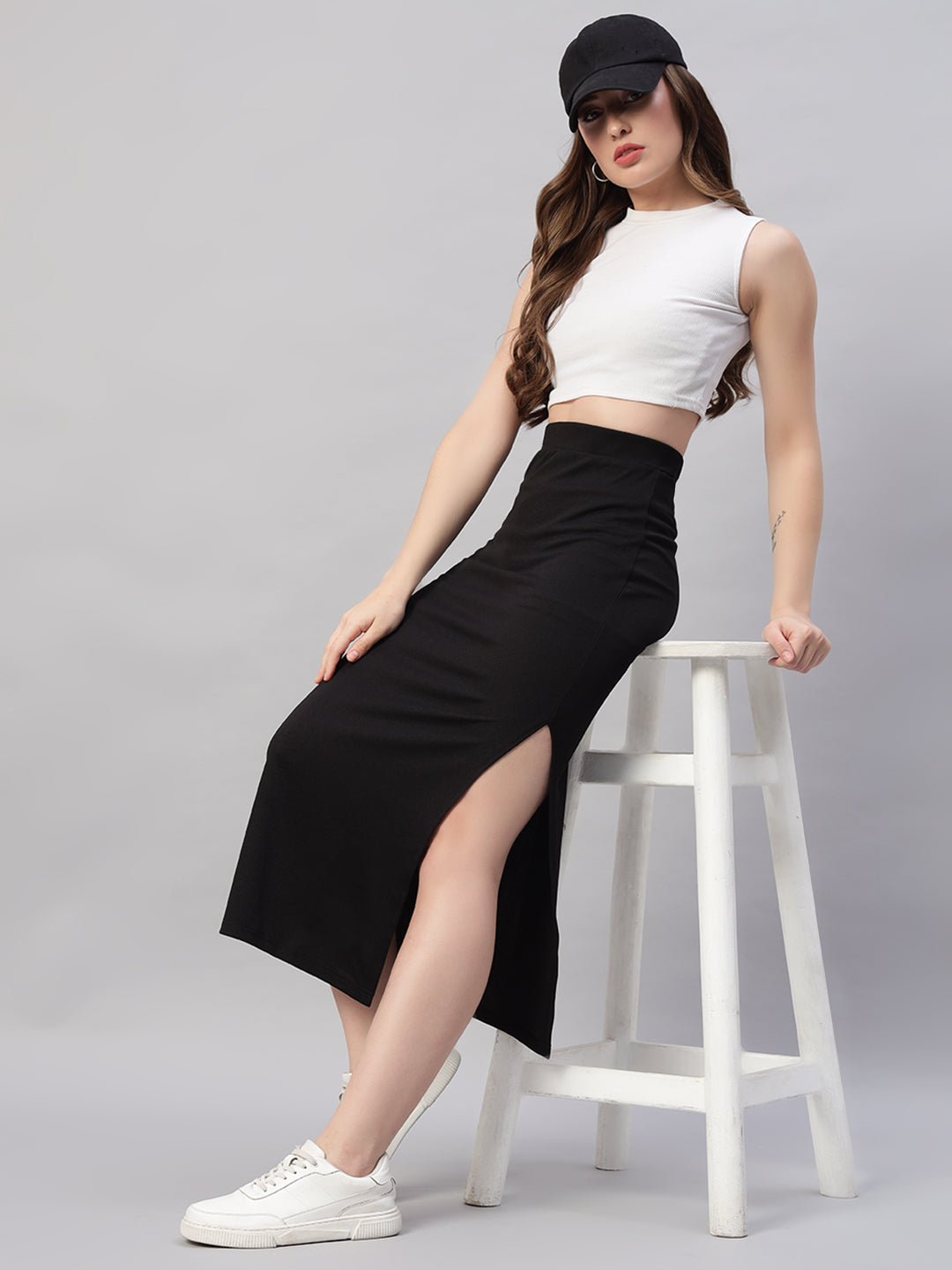 High Waist Split Thigh Black Skirt