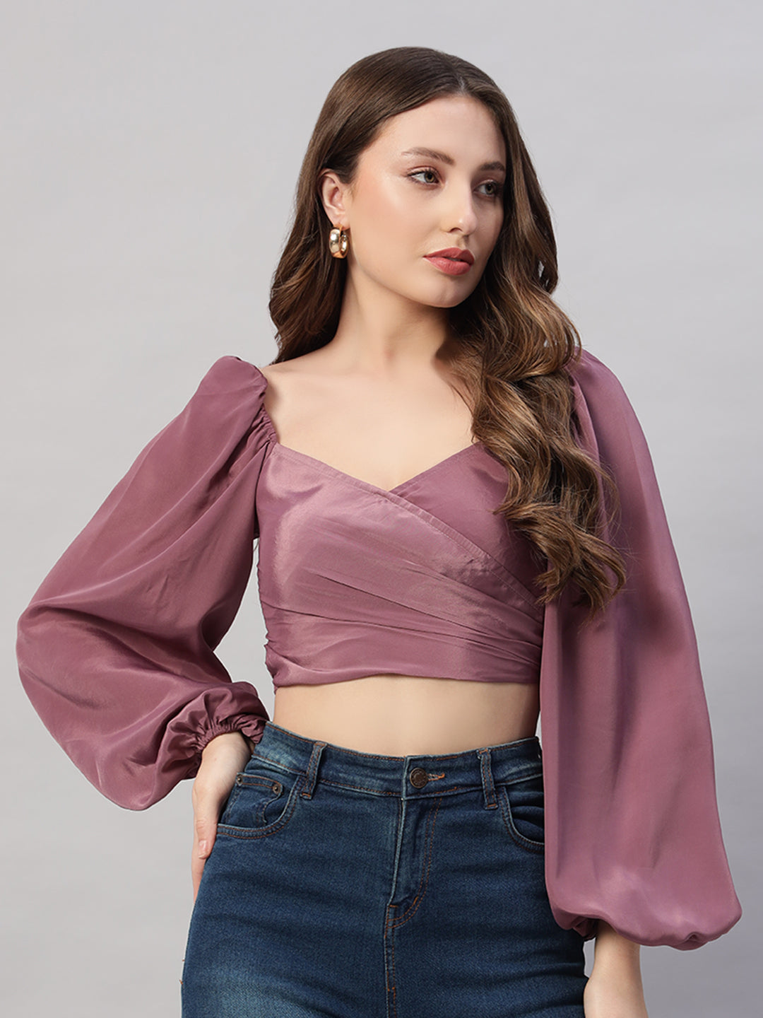 Solid colour puff sleeve tie back cropped casual top