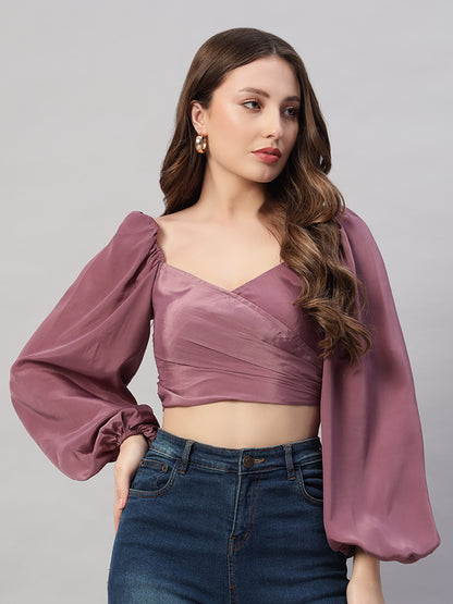 Solid colour puff sleeve tie back cropped casual top