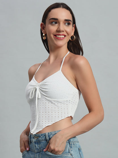 Solid Color Hollow Out Embroidery Chest Drawstring Backless Halter Top