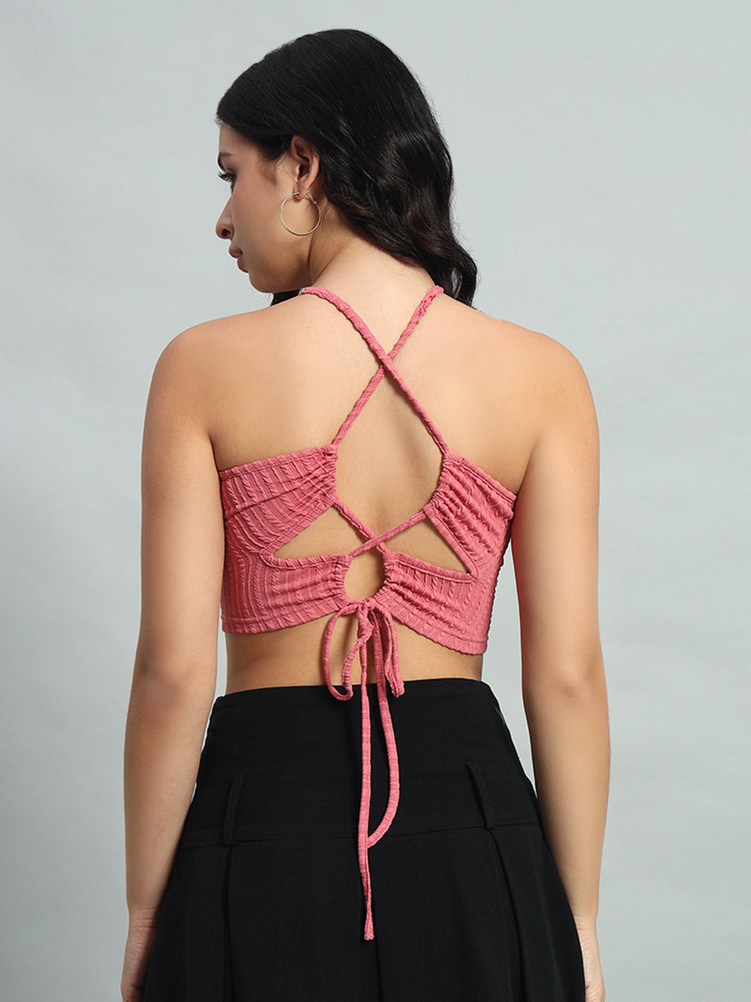 Crisscross Tie Backless Textured Crop  Cami Top