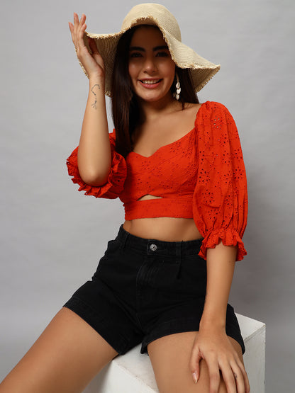Rust orange hollow out embroidered  top