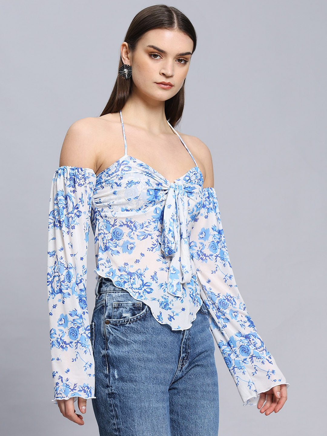 Elegant Printed  Bell Sleeve Cold-Shoulder Halter Neck Summery Top