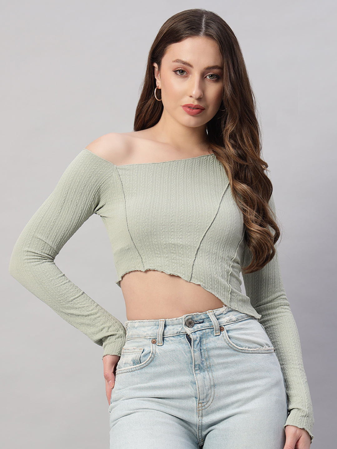 Asymmetrical Neck Lettuce Trim Crop Tee
