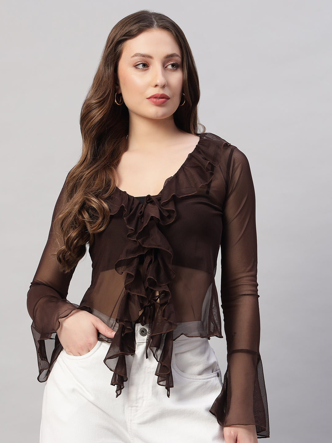 Ruffle Trim Flare Sleeve Knot Front Lettuce Trim Mesh Top