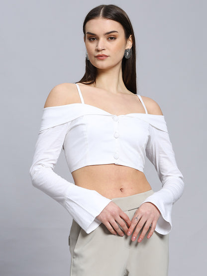 Sexy  Open Shoulder Button-up Cropped Top