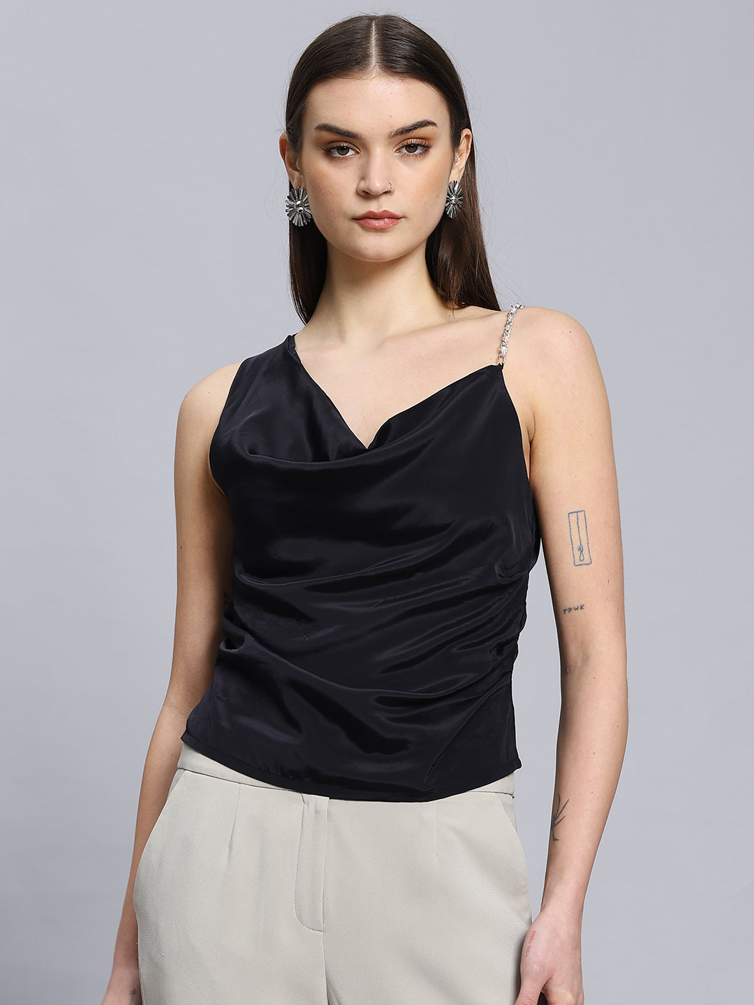 Asymmetrical Neck Chain Detai Draped Front Black Top
