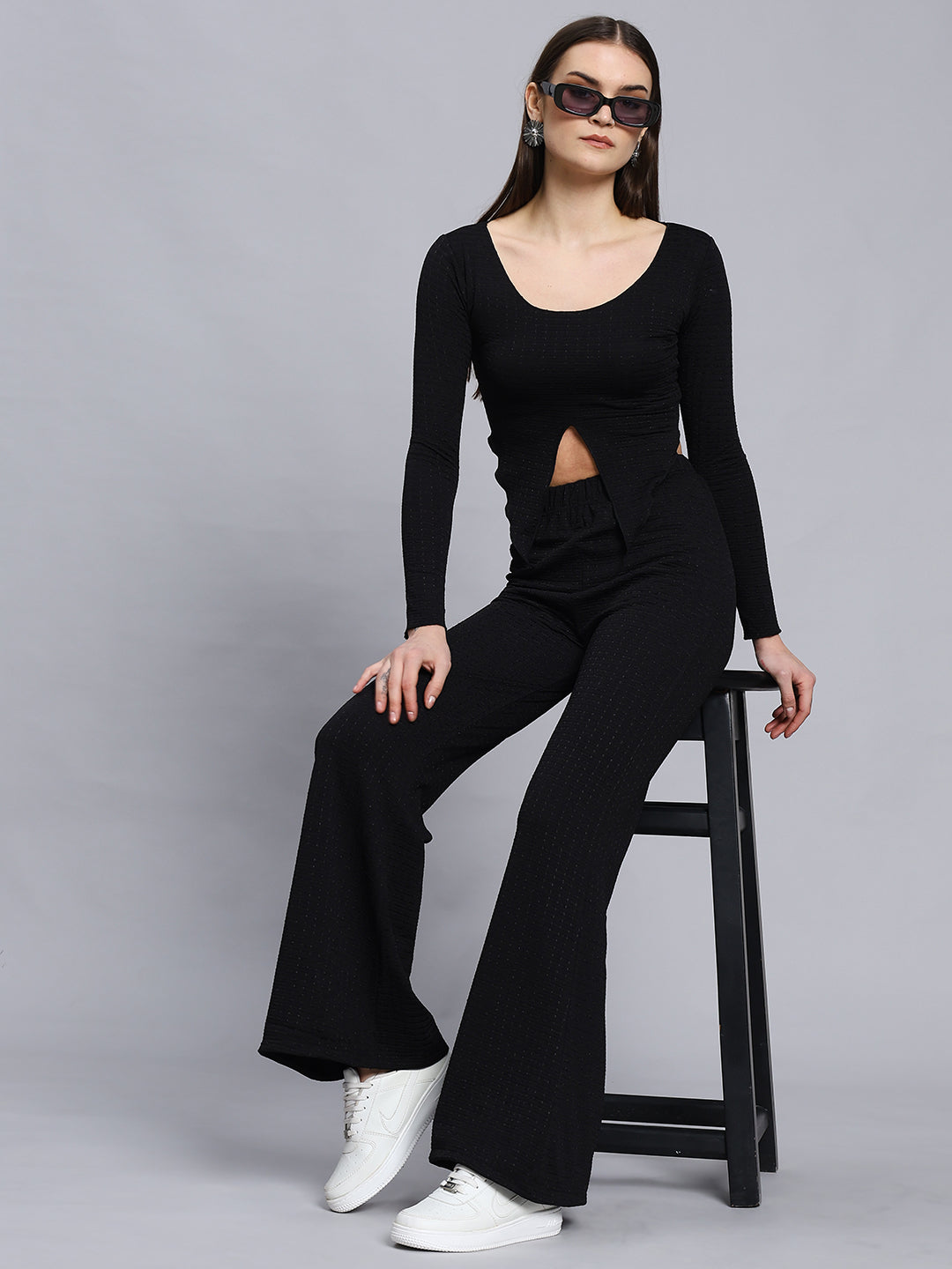 Long Sleeve Ribbed T-Shirt And Pants Set With Split Hem Design