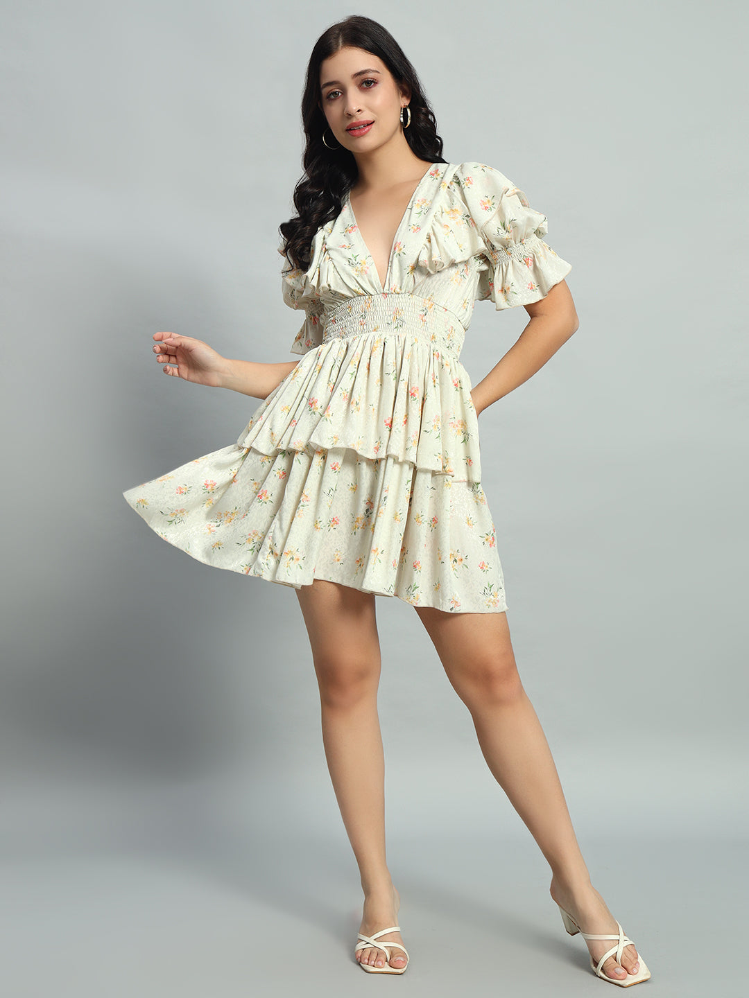 Fall Holiday Romantic White Ditsy Floral Print Ruffle Trim Puff Sleeve Dress
