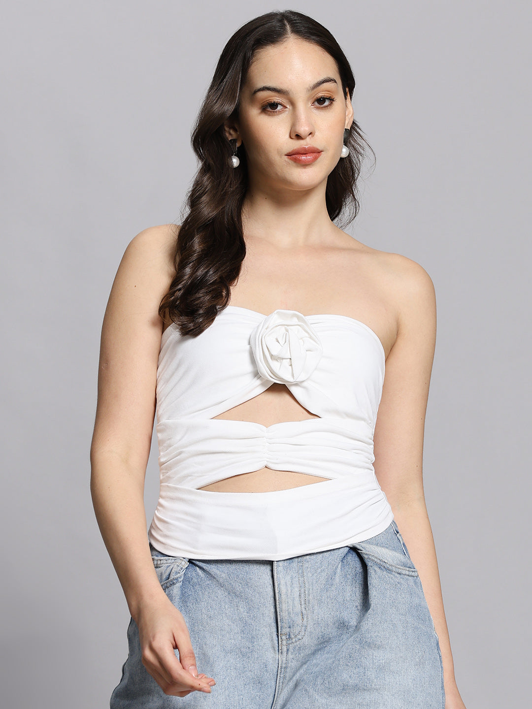 Summer Solid white  hollowed-cut Strapless top with flower design