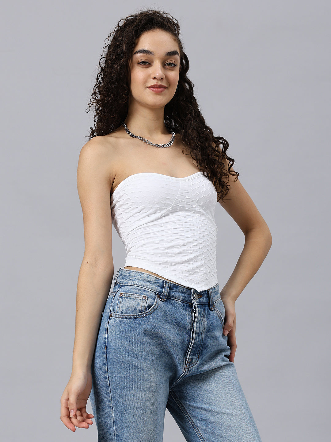 Textured Solid As ymmetrical Hem Bandeau Top Tube Top