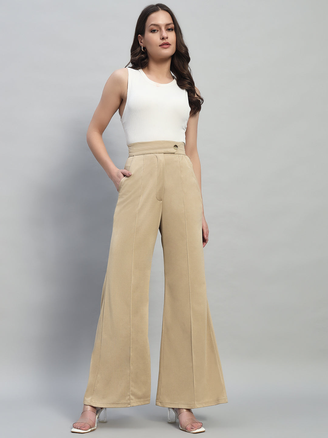 High Waist Wide Leg Beige Pants
