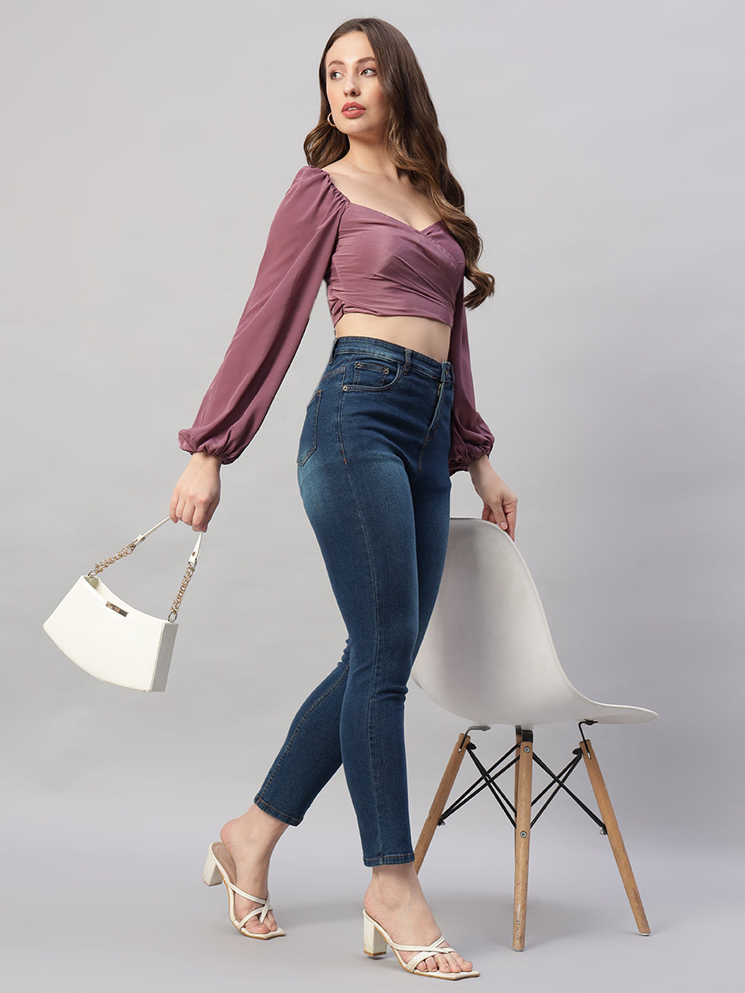 Solid colour puff sleeve tie back cropped casual top