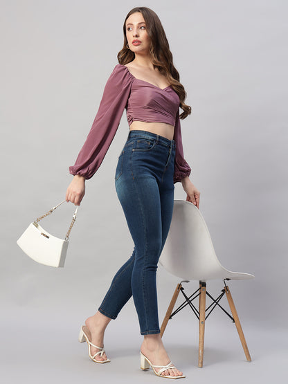 Solid colour puff sleeve tie back cropped casual top