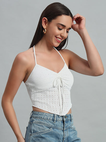 Solid Color Hollow Out Embroidery Chest Drawstring Backless Halter Top