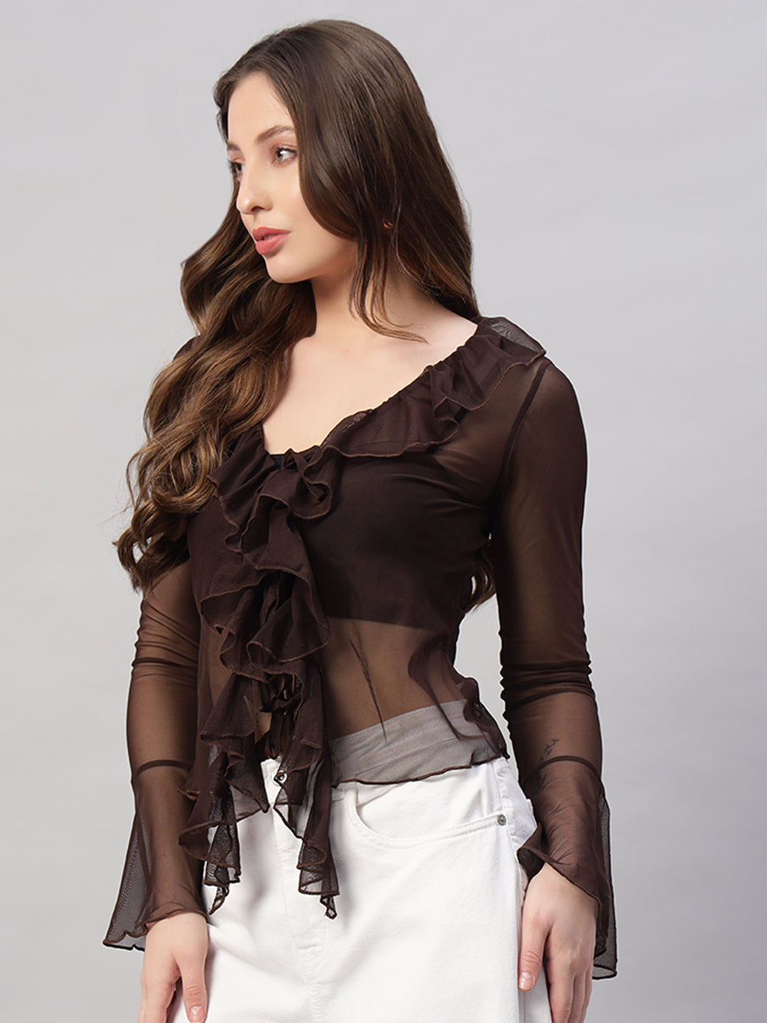 Ruffle Trim Flare Sleeve Knot Front Lettuce Trim Mesh Top