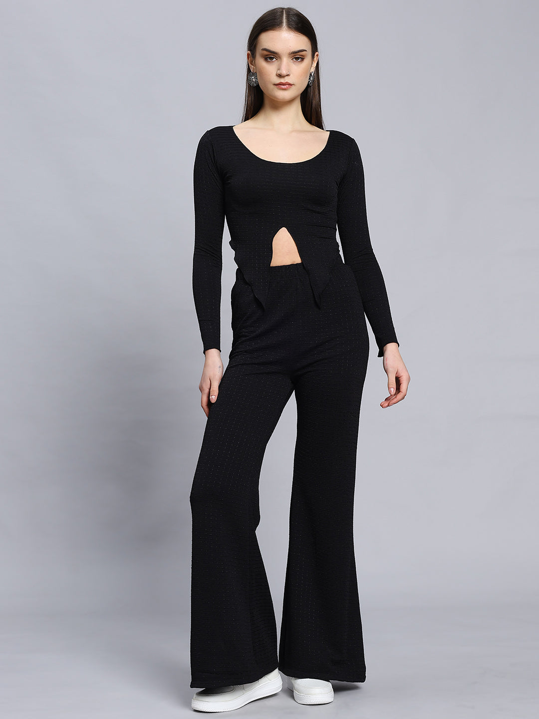 Long Sleeve Ribbed T-Shirt And Pants Set With Split Hem Design