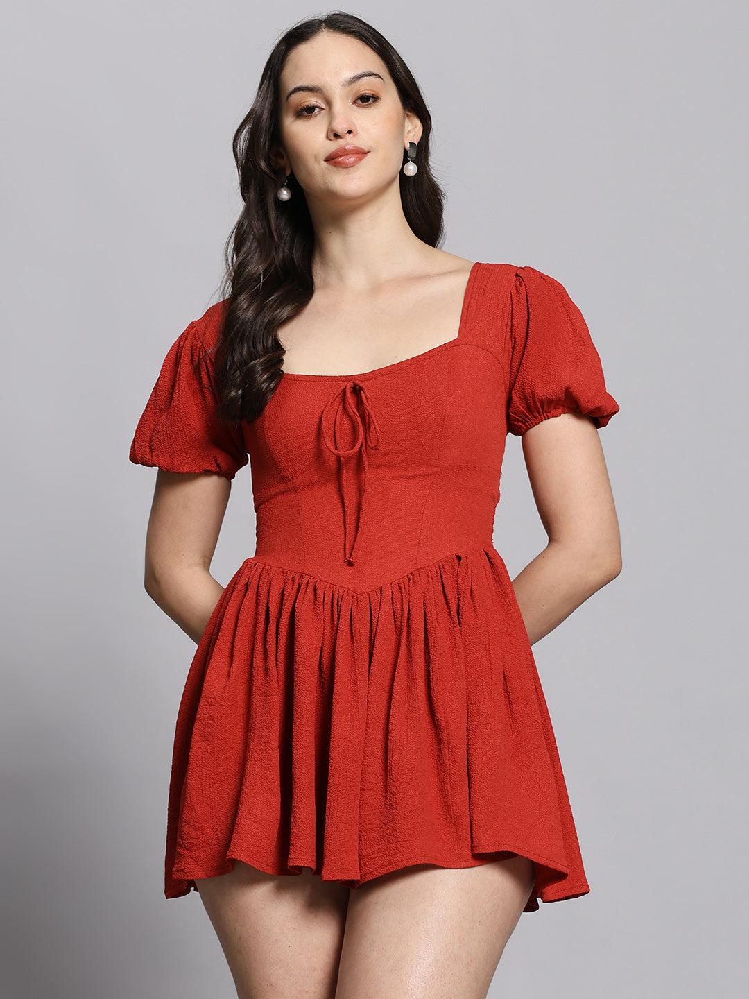 Sweetheart Neck Short Puff Sleeve Dress With Bow Tie