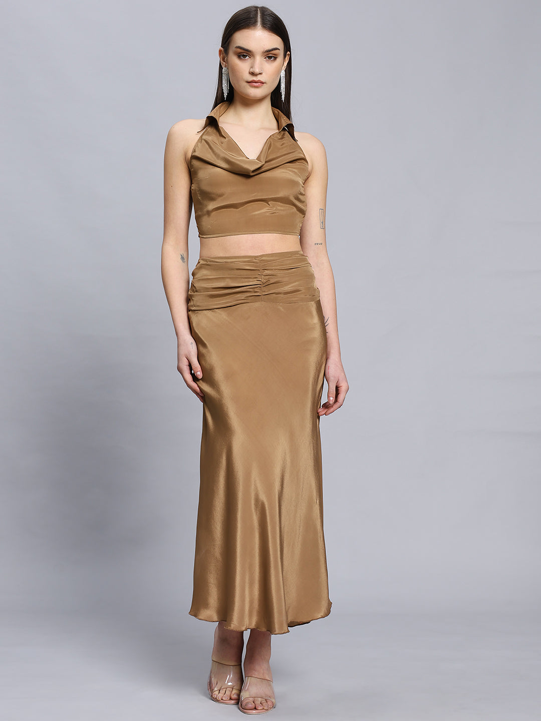 Bronze Collared turtleneck sleeveless top & fish tail hem skirt Coord set