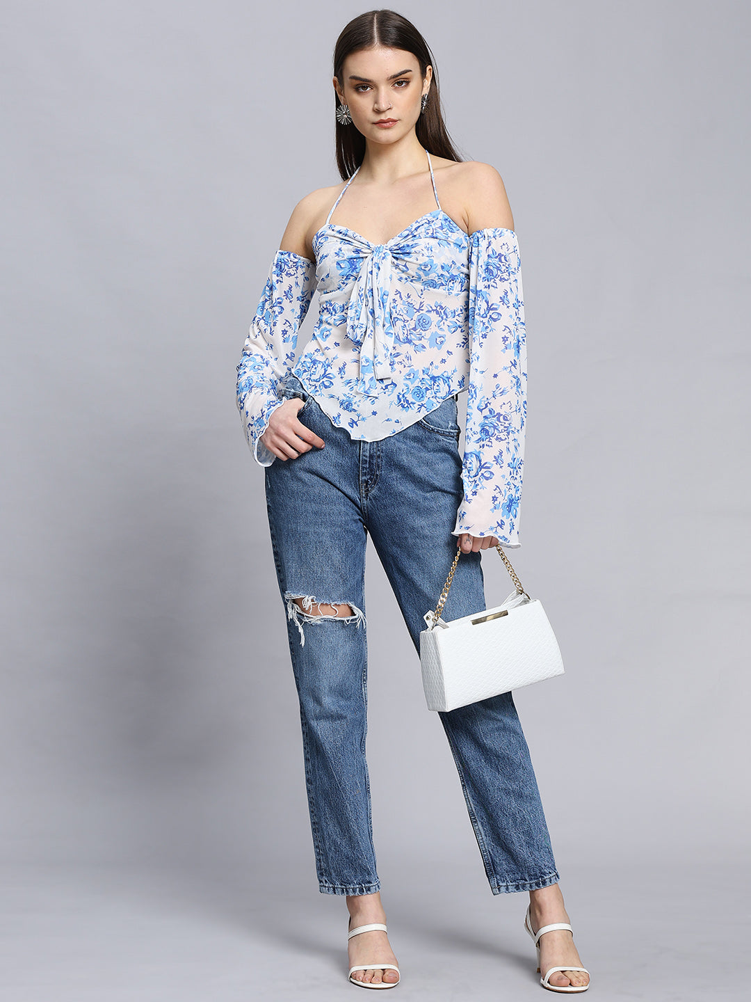 Elegant Printed  Bell Sleeve Cold-Shoulder Halter Neck Summery Top