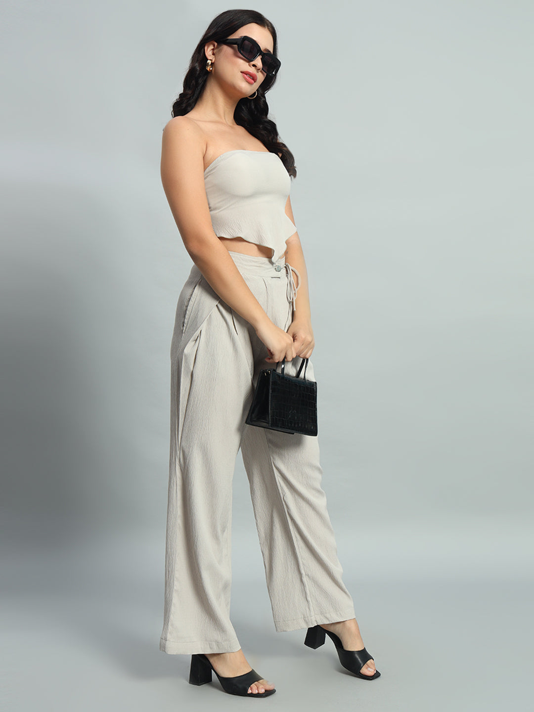 Solid Bandana Hem Elasticated Backless Tube Top & Wide Leg Trousers Co-ord set