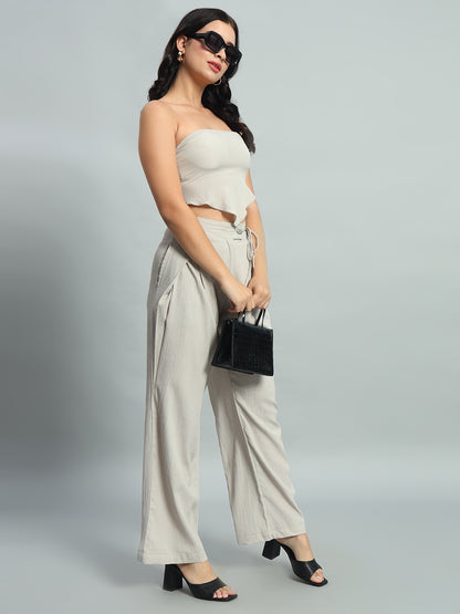 Solid Bandana Hem Elasticated Backless Tube Top & Wide Leg Trousers Co-ord set