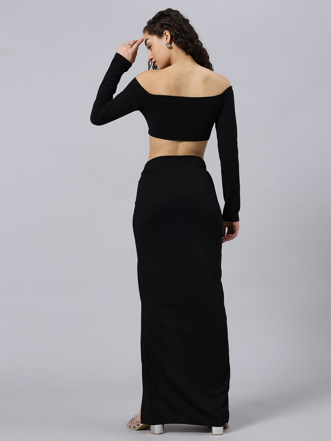 Women Sexy Ruched Off-Shoulder Crop Top&Slit Skirt 2 Pieces Co-ord