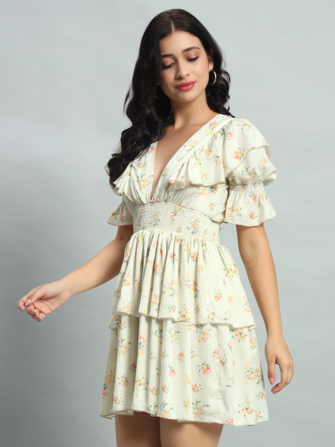 Fall Holiday Romantic White Ditsy Floral Print Ruffle Trim Puff Sleeve Dress