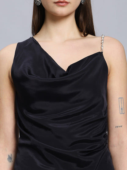 Asymmetrical Neck Chain Detai Draped Front Black Top