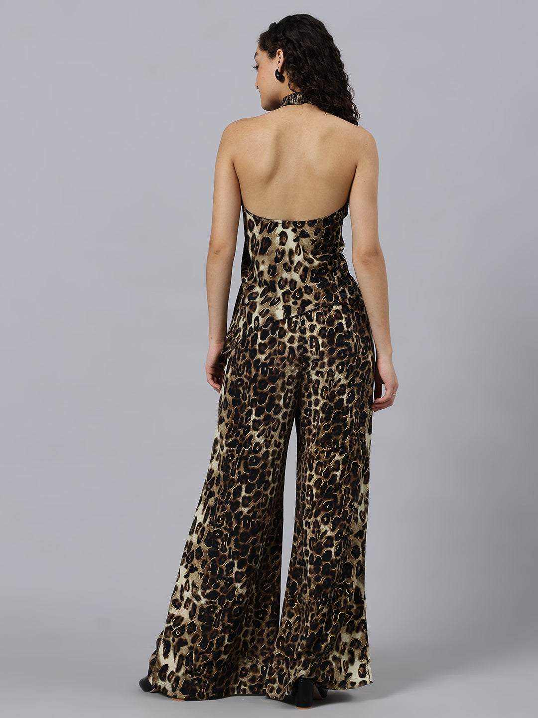 2pcs Elegant Animal print Asymmetric Hem Backless Halter Top & Wide Leg Pants Co-ord set
