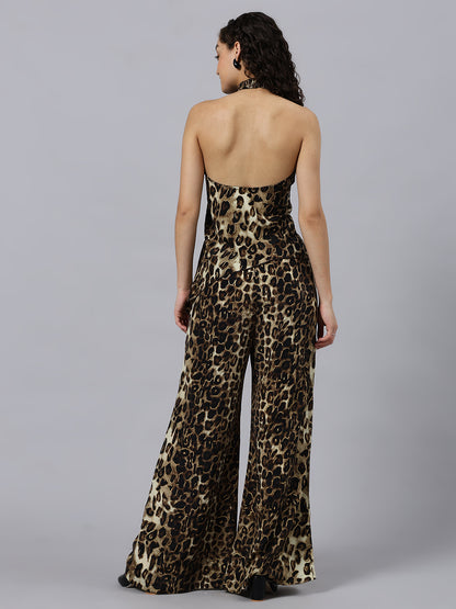 2pcs Elegant Animal print Asymmetric Hem Backless Halter Top & Wide Leg Pants Co-ord set