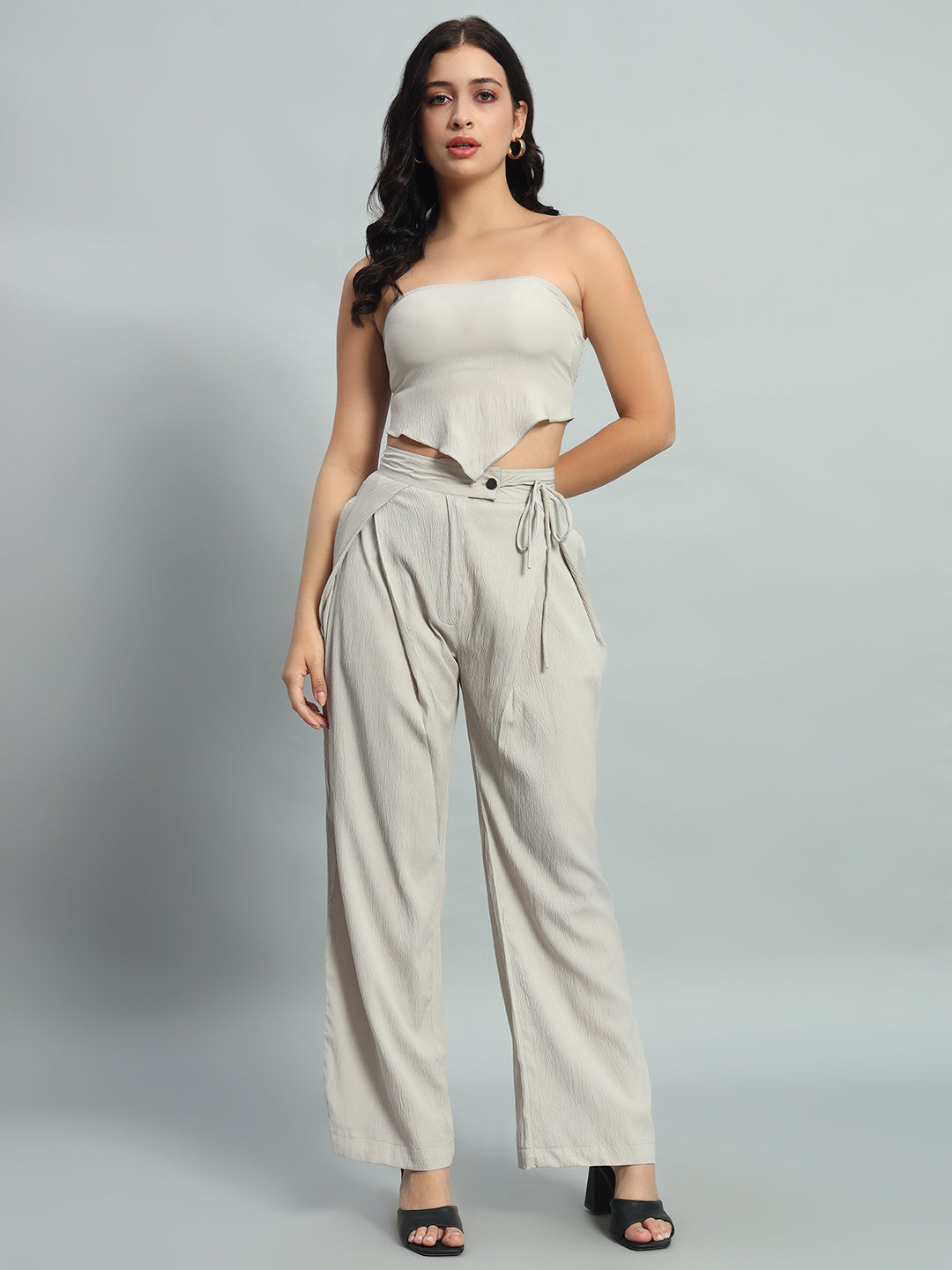 Solid Bandana Hem Elasticated Backless Tube Top & Wide Leg Trousers Co-ord set