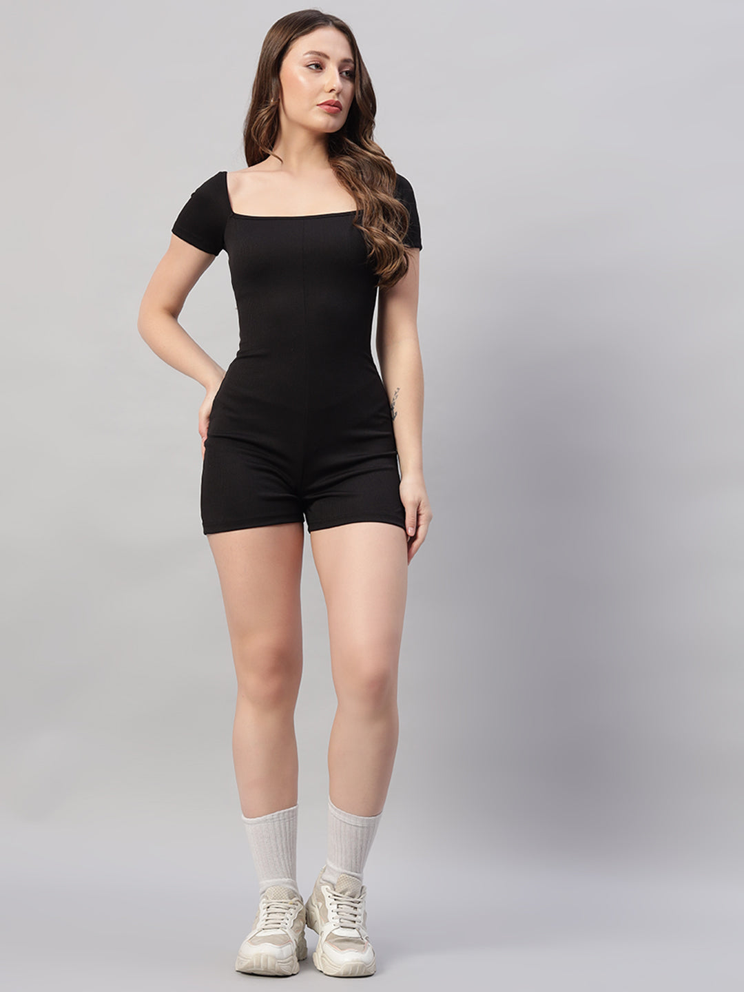 Solid Color Square Neck Short Sleeve Unitard Jumpsuit