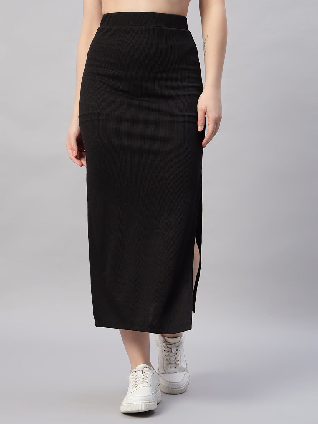High Waist Split Thigh Black Skirt