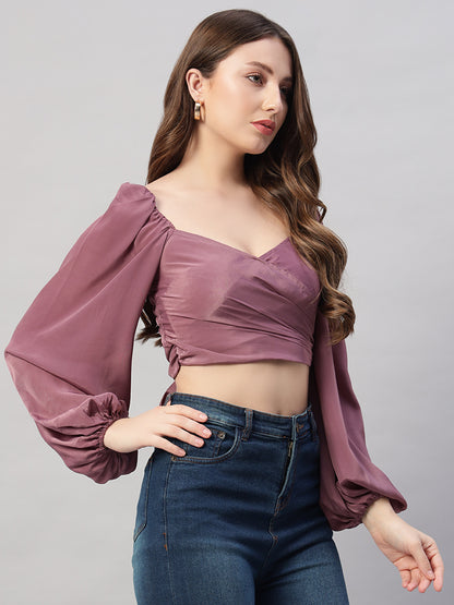 Solid colour puff sleeve tie back cropped casual top