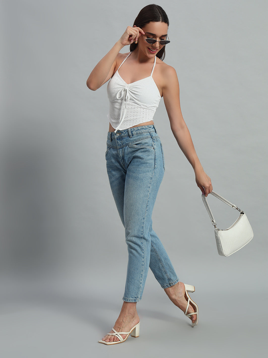 Solid Color Hollow Out Embroidery Chest Drawstring Backless Halter Top