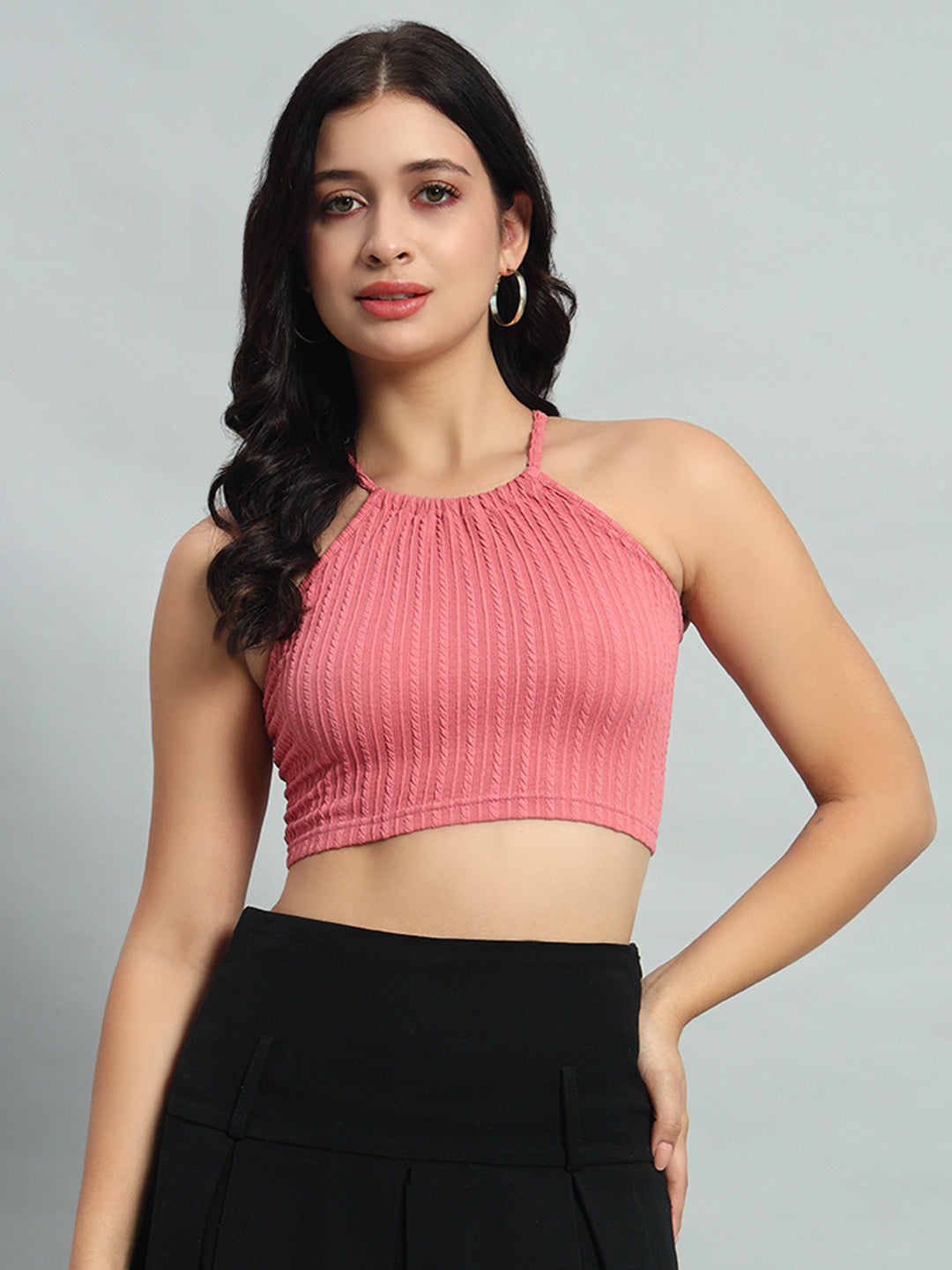 Crisscross Tie Backless Textured Crop  Cami Top