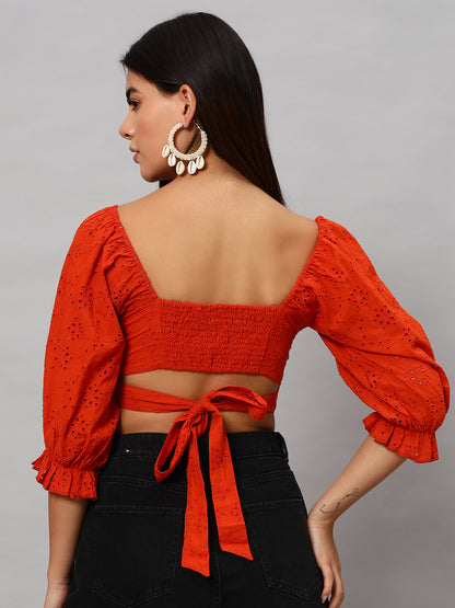 Rust orange hollow out embroidered  top