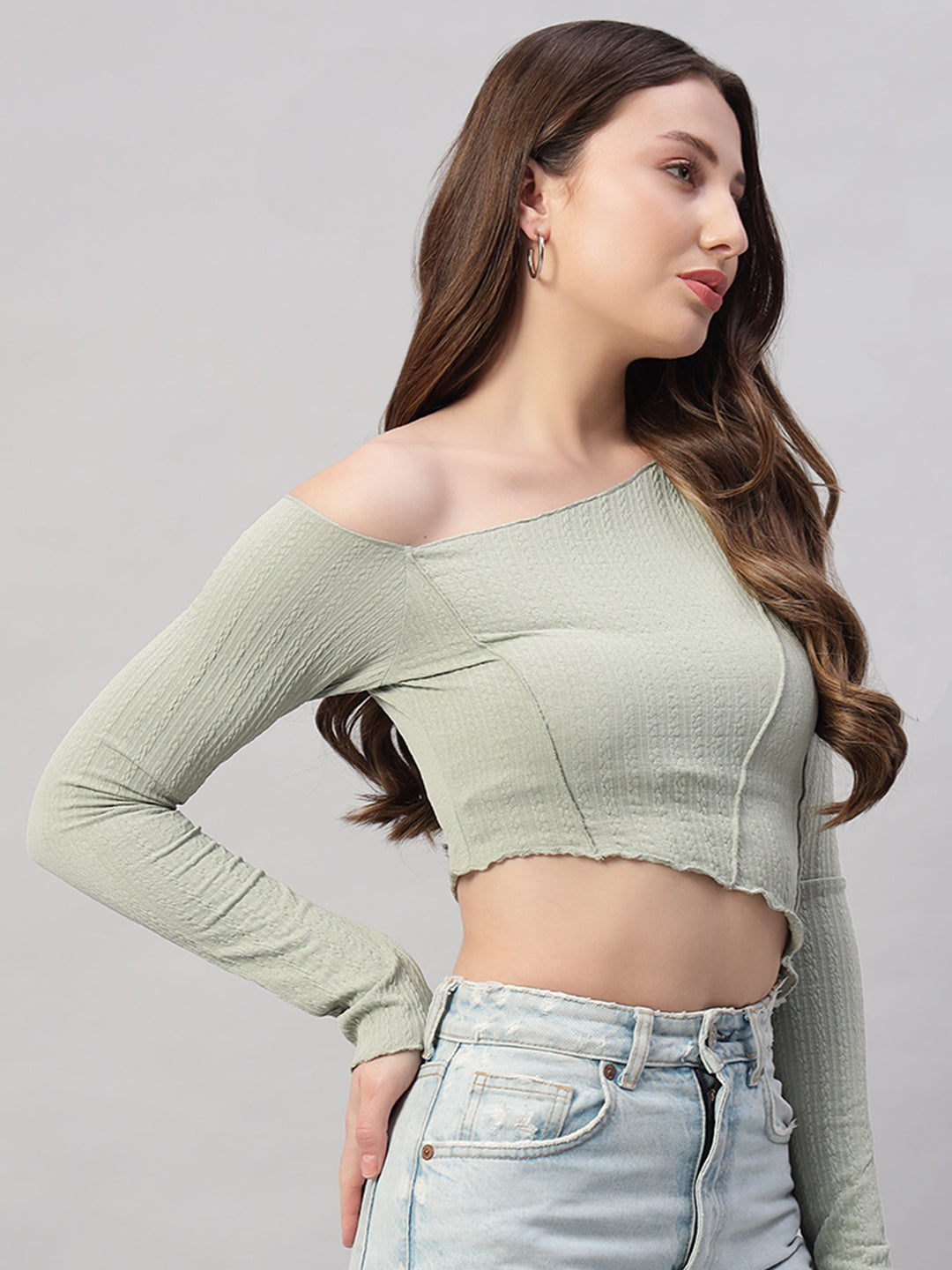 Asymmetrical Neck Lettuce Trim Crop Tee