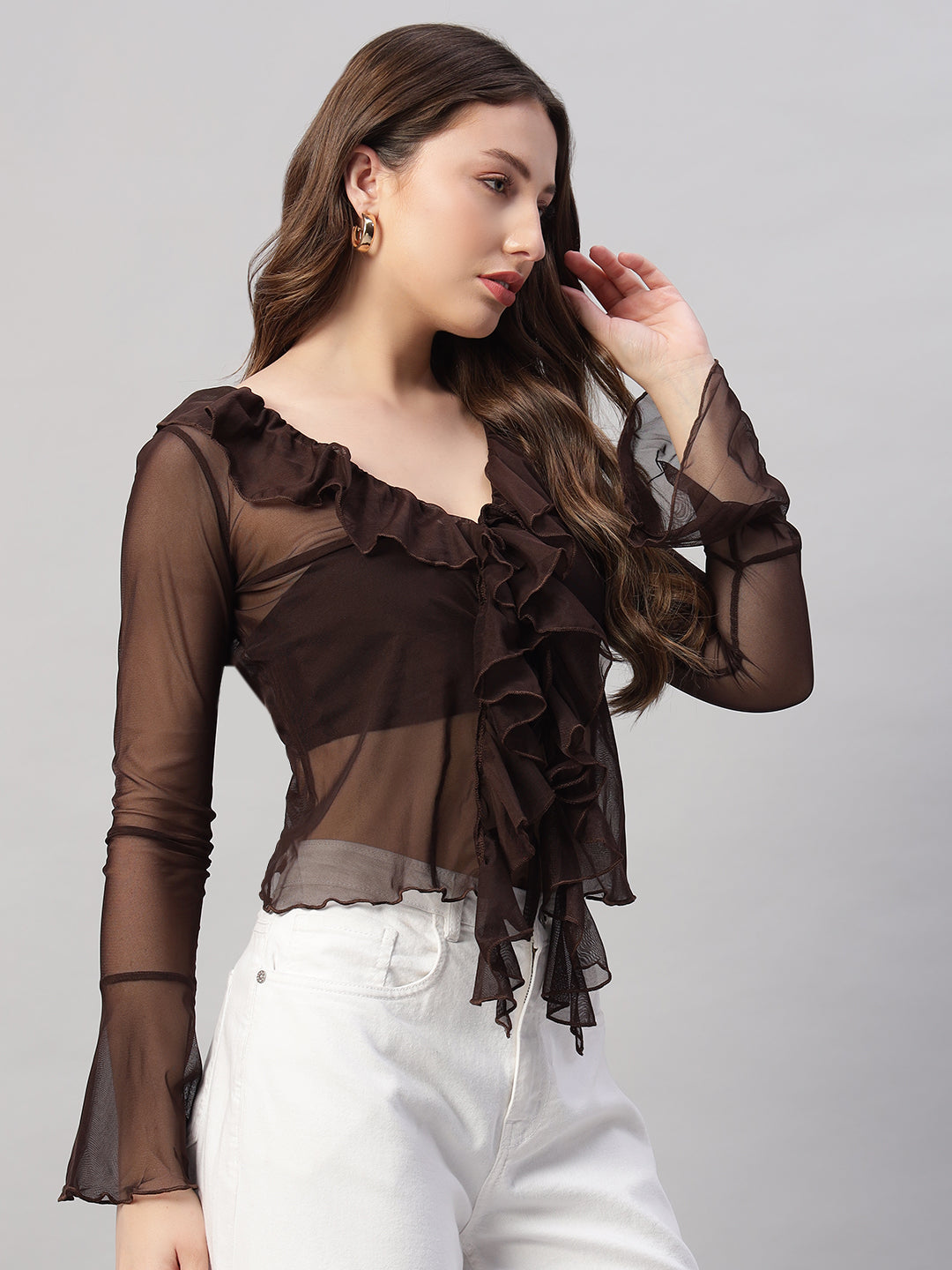 Ruffle Trim Flare Sleeve Knot Front Lettuce Trim Mesh Top