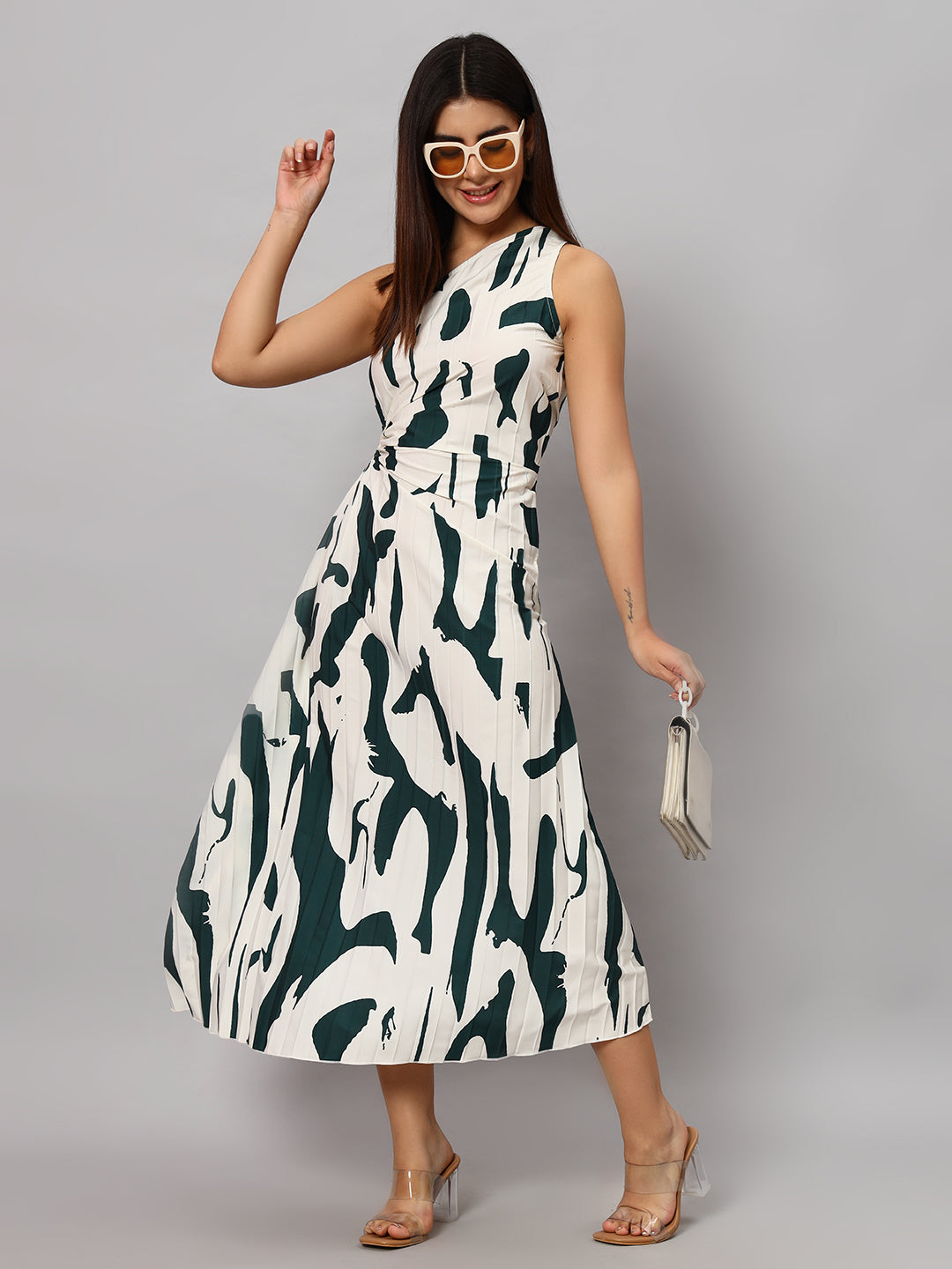 Asymmetric Neckline Pleated Hollow Out Printed Long Dress Maxi