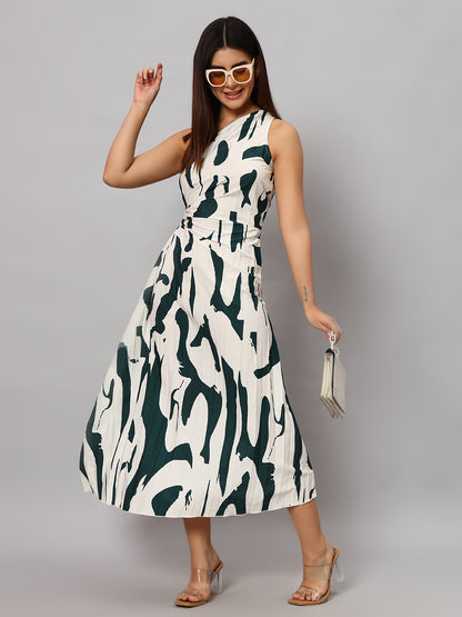 Asymmetric Neckline Pleated Hollow Out Printed Long Dress Maxi